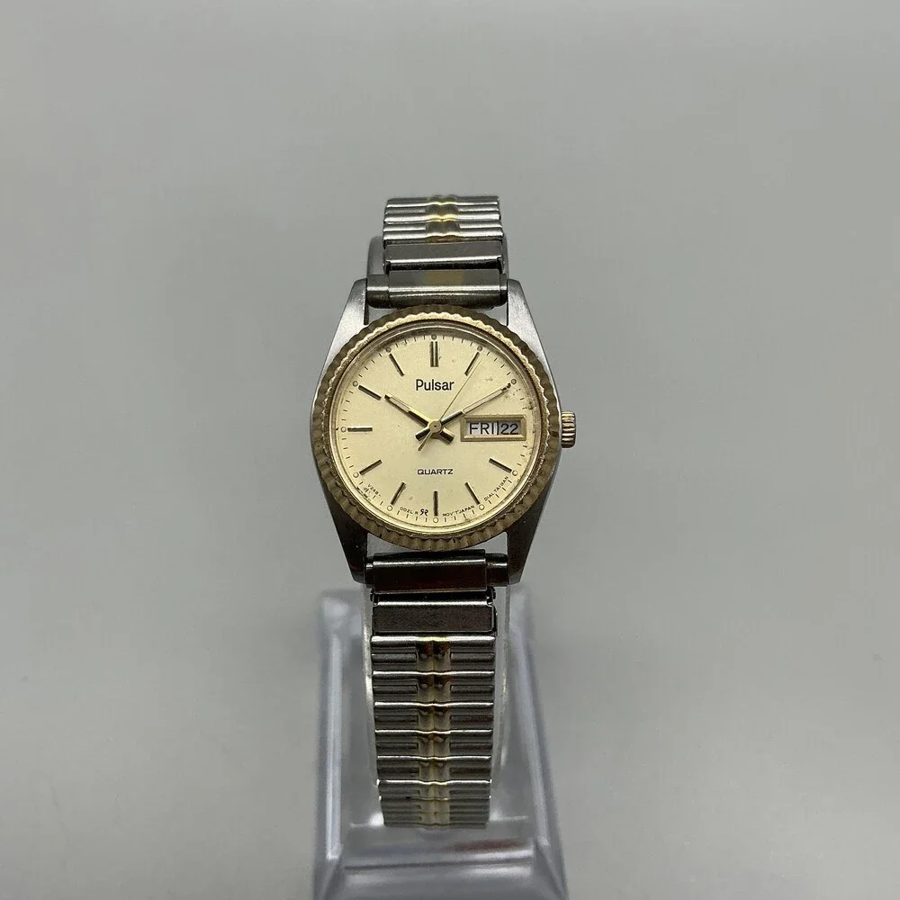 Pulsar Womens Watch 23mm Champagne Dial Two Tone Day Date V248-0020 Stretch Band
